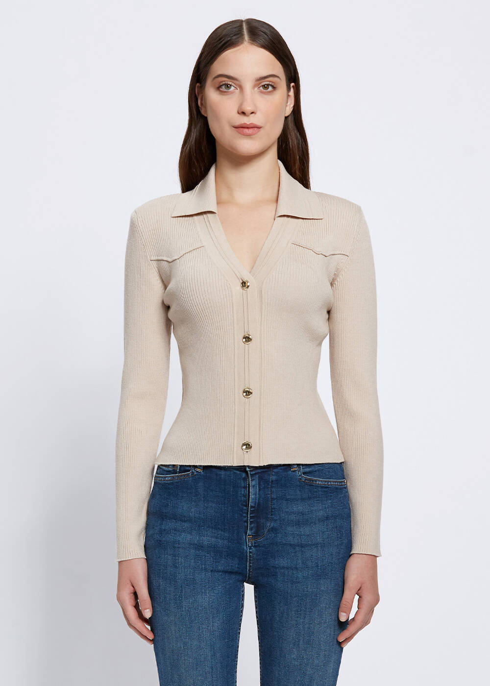 MERINO WOOL NATURAL KNIT TOP METALLIC BUTTONS - 1