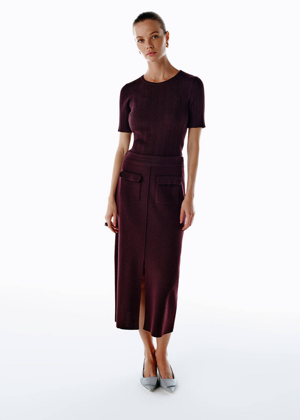 MERINO WOOL RICH BLEND KNIT SKIRT PLUM - 1