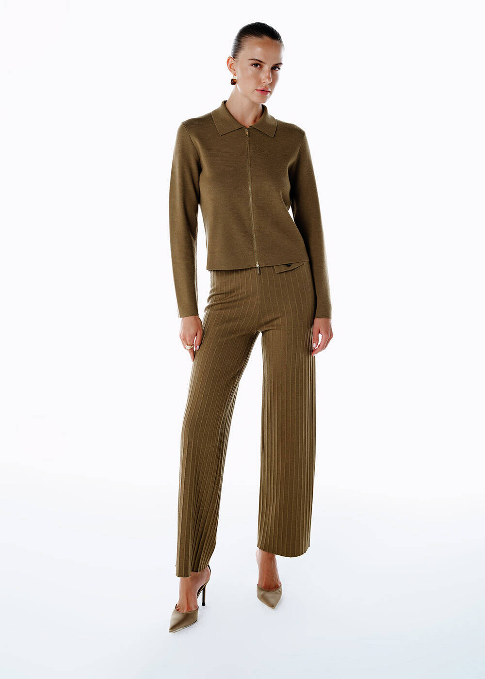 MERINO WOOL RICH BLEND OLIVESTONE KNIT JACKET - 2