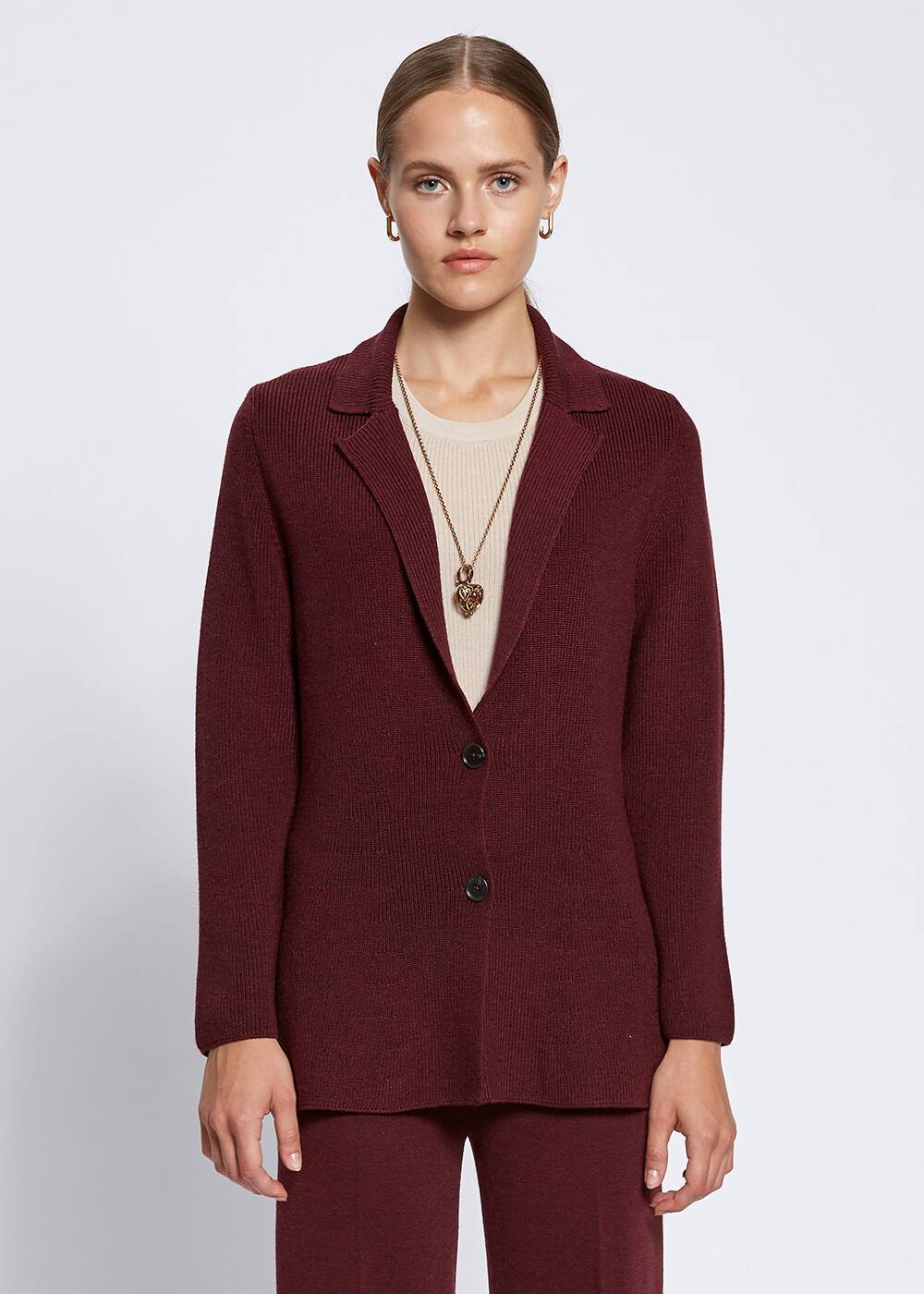 Merino Yün Bordo Triko Ceket - 1