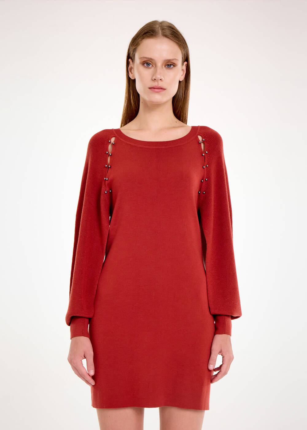 Merino Yün Karışımlı Kiremit Mini Triko Elbise - 2