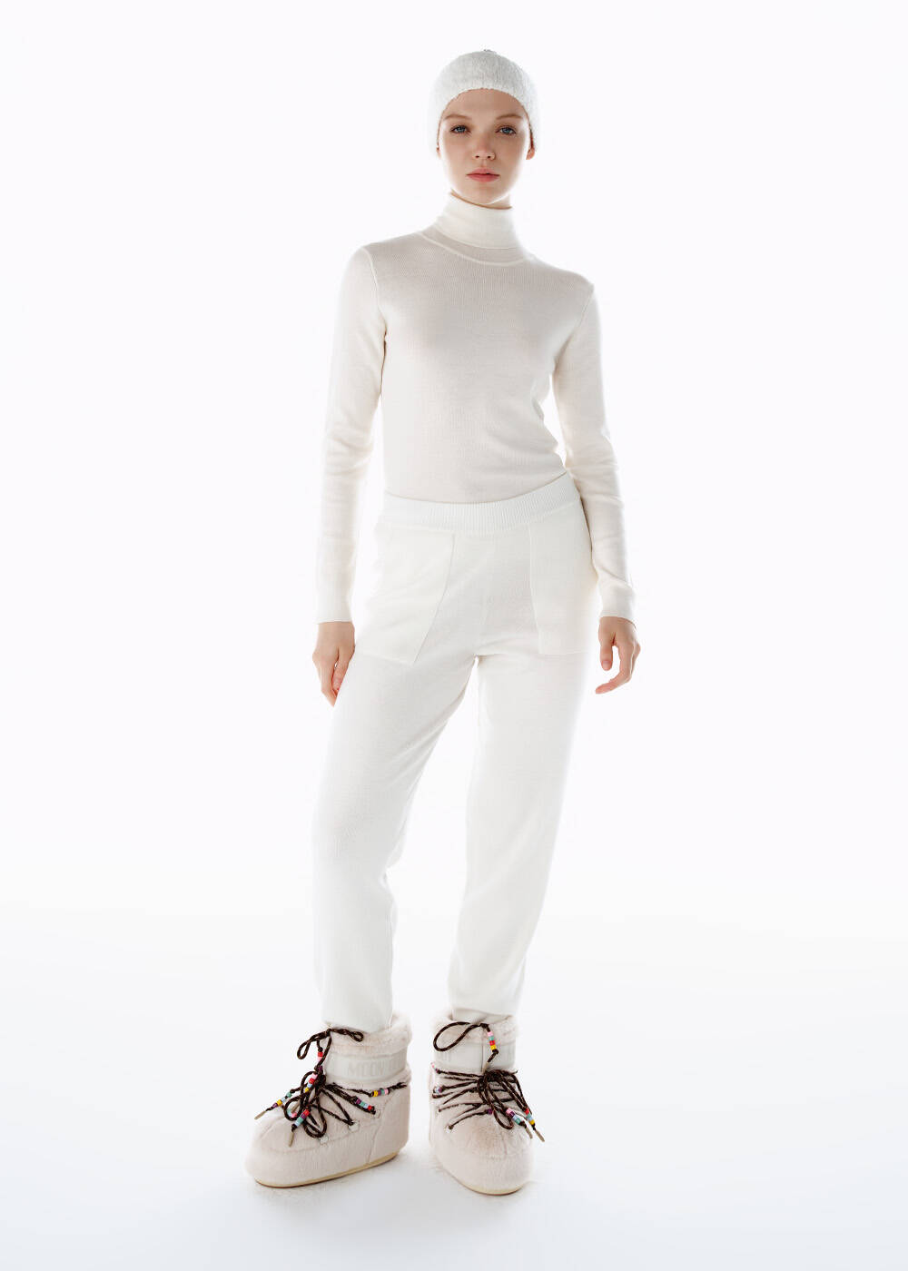 Merino Yün Triko Spor Pantolon Ekru - 1