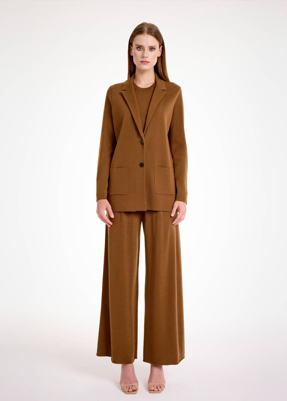 Merino Yün Tütün Rengi Triko Blazer Ceket - 2