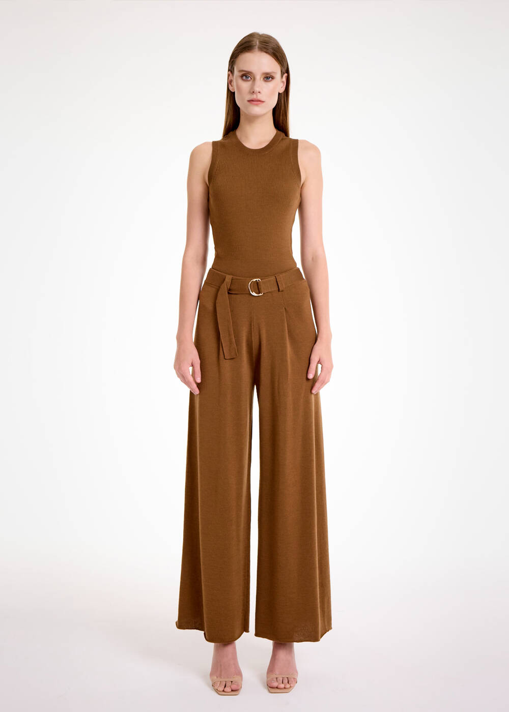 Merino Yün Tütün Rengi Triko Pantolon - 2