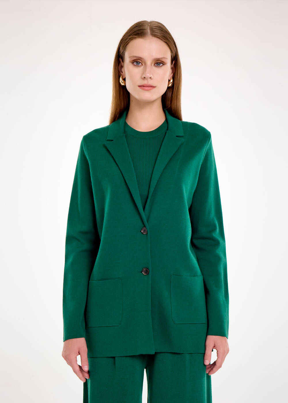 Merino Yün Yeşil Triko Blazer Ceket - 1