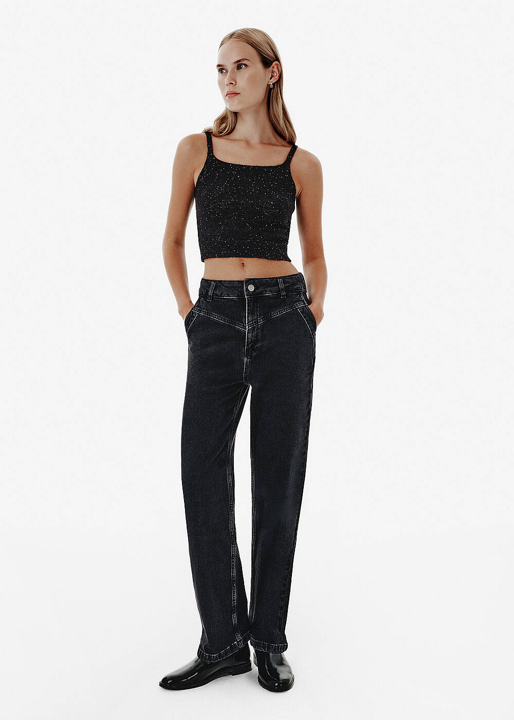 Micro-Sequin Black Knit Crop Top - 2