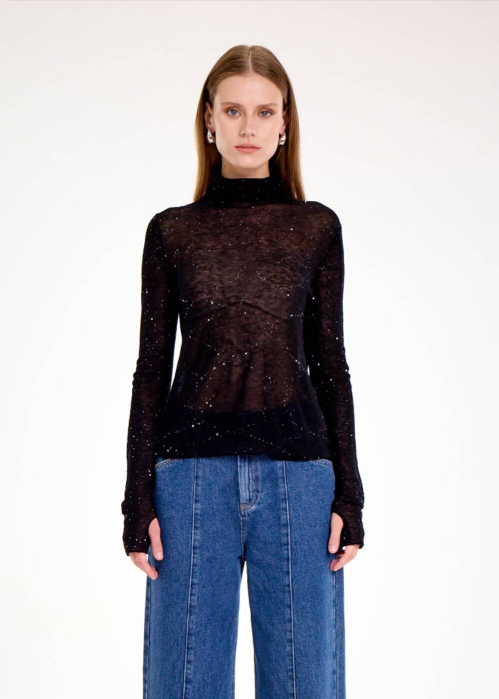 MICRO SEQUIN EXTRAFINE WOOL BLACK SWEATER - 1