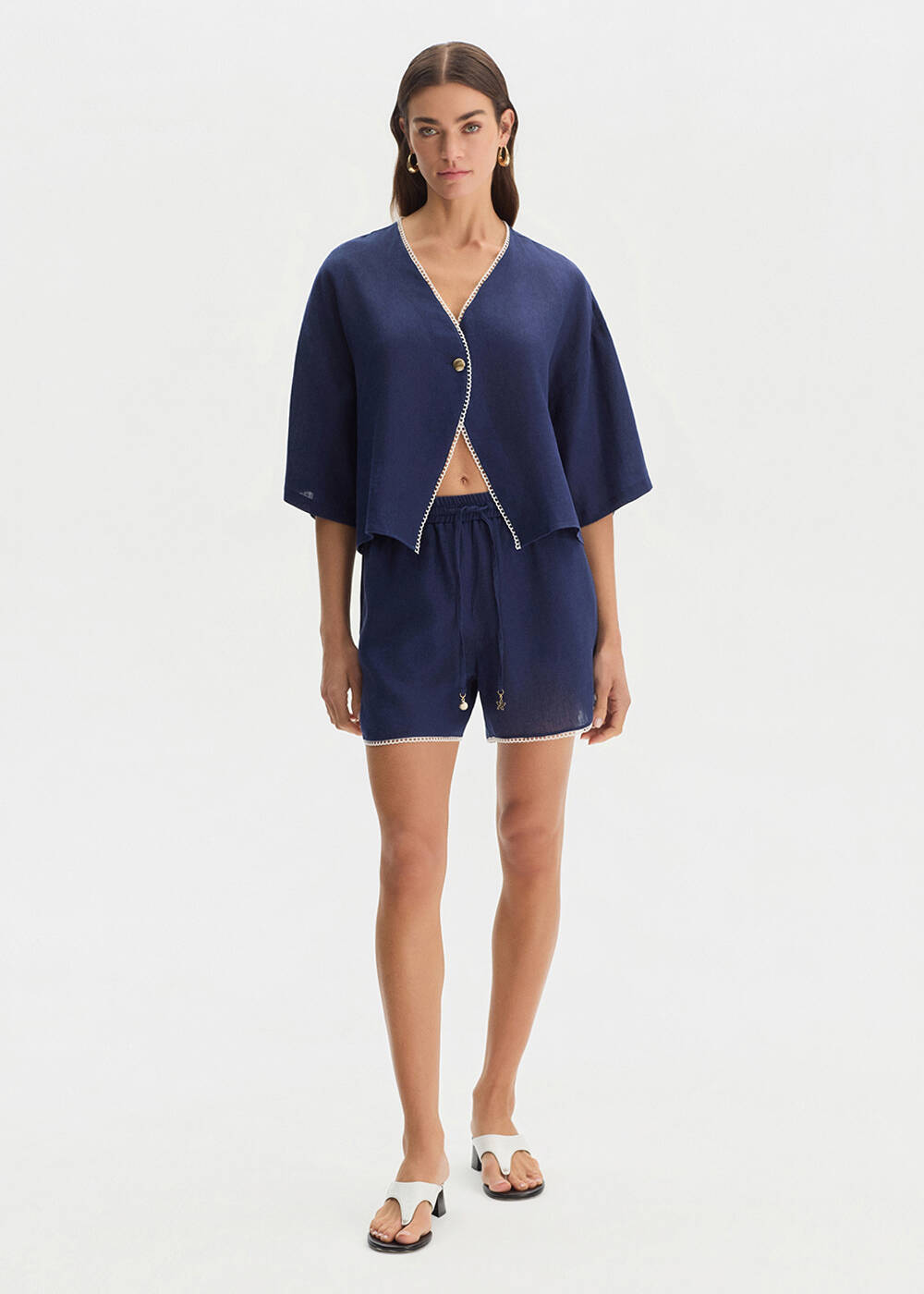 NAVY CONTRAST DETAILED LINEN SHORTS - 2