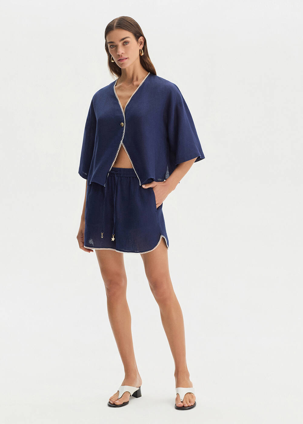NAVY CONTRAST DETAILED LINEN SHORTS - 1