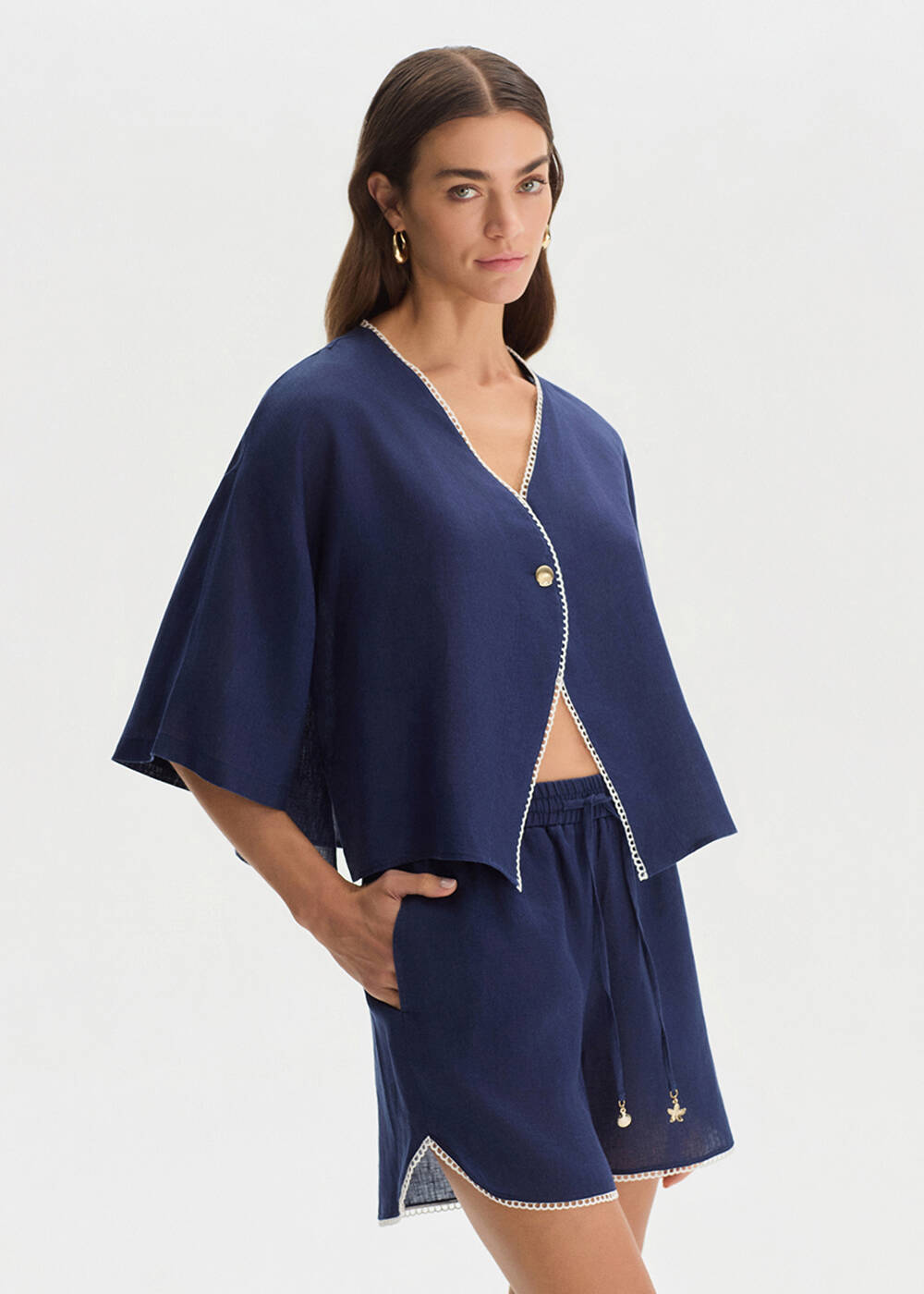 NAVY CONTRAST DETAILED LINEN TOP - 2