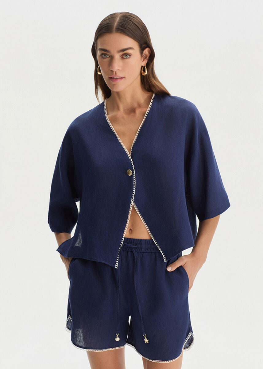 NAVY CONTRAST DETAILED LINEN TOP - KNITSS