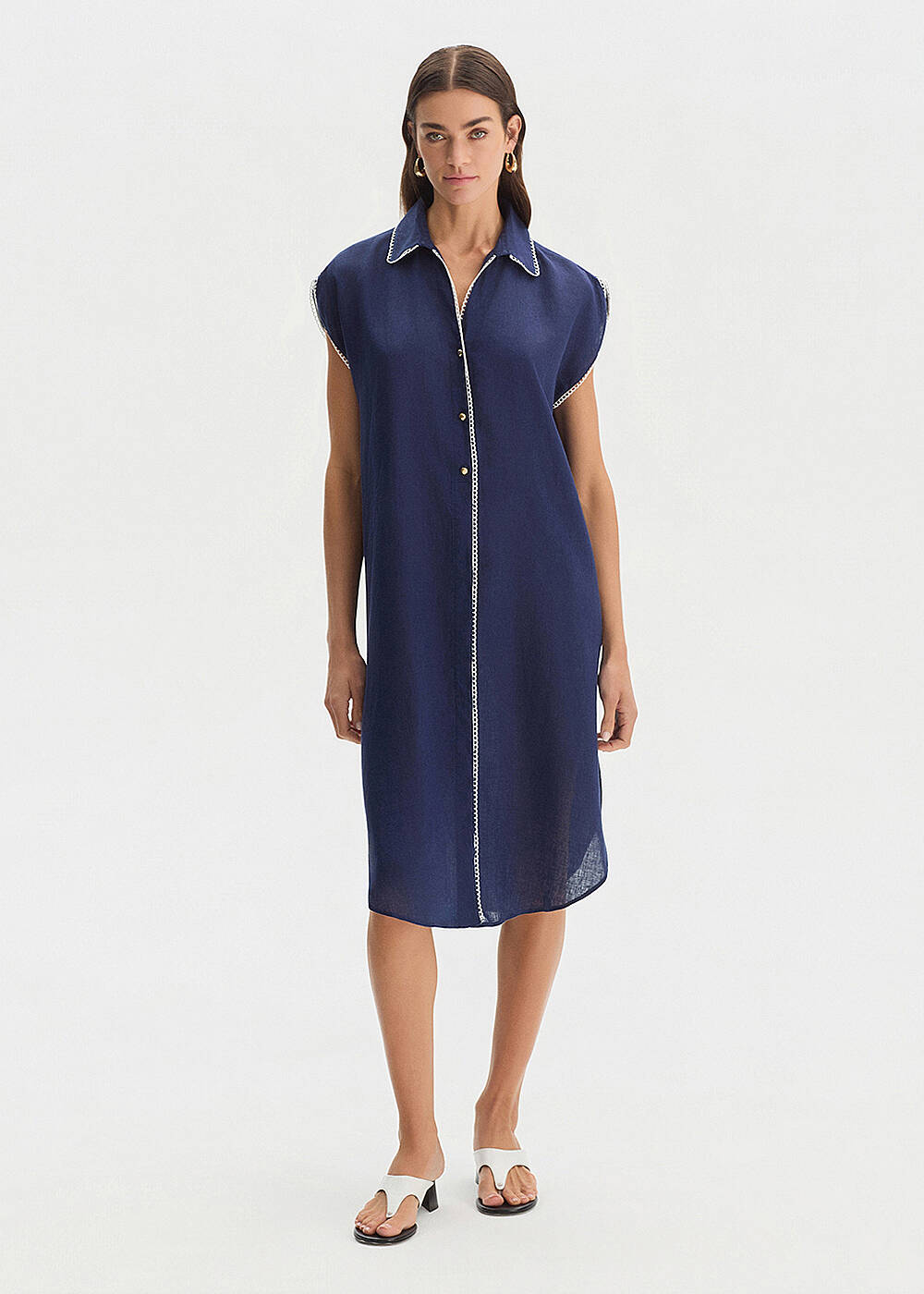 NAVY CONTRAST DETAILED LINEN TUNIC - 1