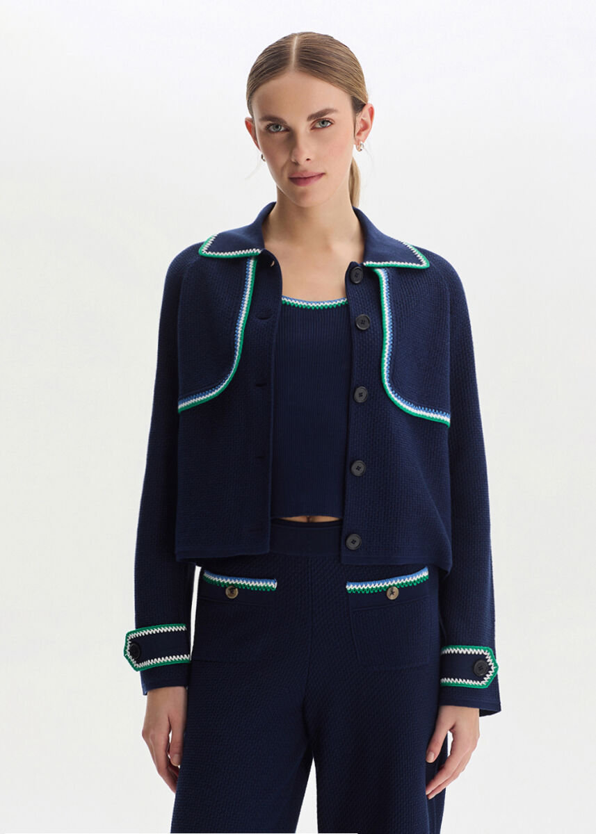 NAVY ORGANIC MERSERISE COTTON KNIT JACKET - KNITSS