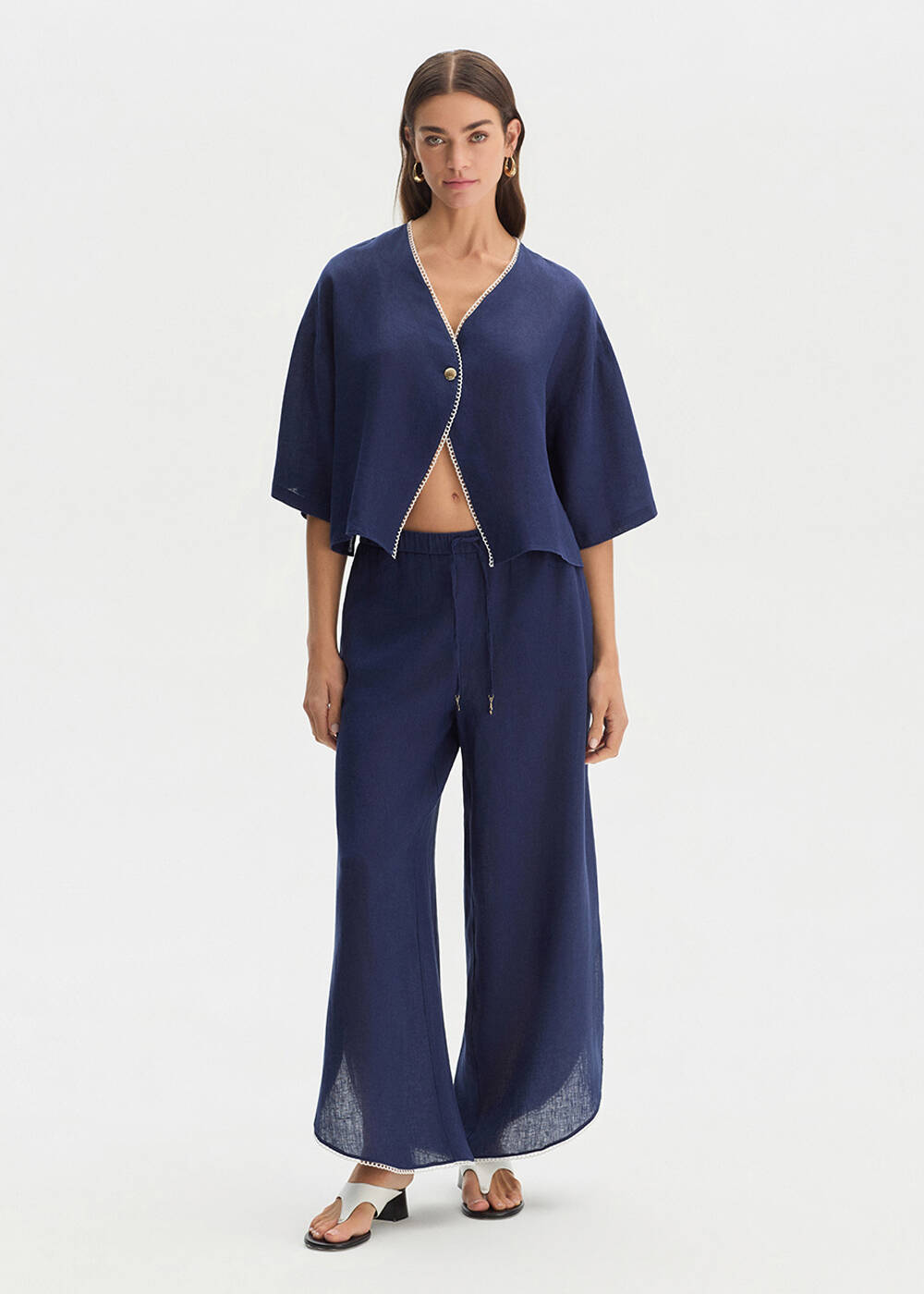 NAVY SLIT DETAILED LINEN PANTS - 2