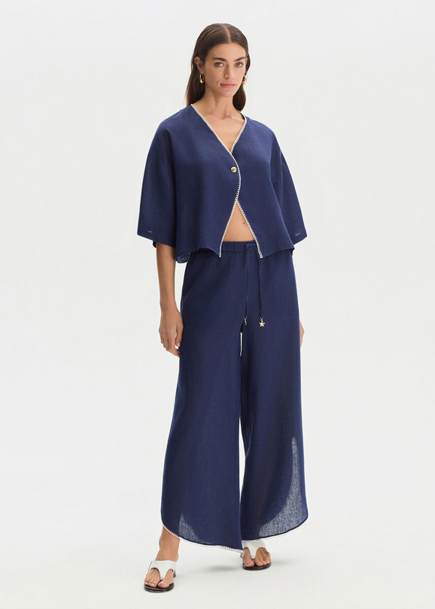 NAVY SLIT DETAILED LINEN PANTS - KNITSS