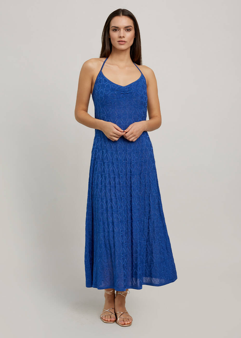 Ocean Blue Geometric-Patterned Knit Dress - 1