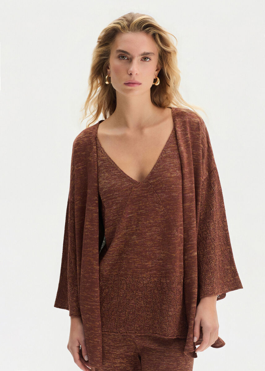 Önden Bağlamalı Bronz Triko Hırka - KNITSS