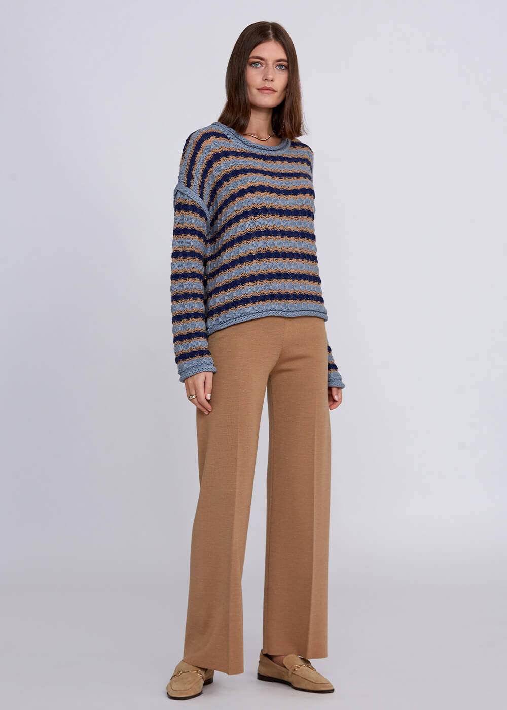 Organic Cotton Blend Oversize Blue Camel Knit Sweater - 2