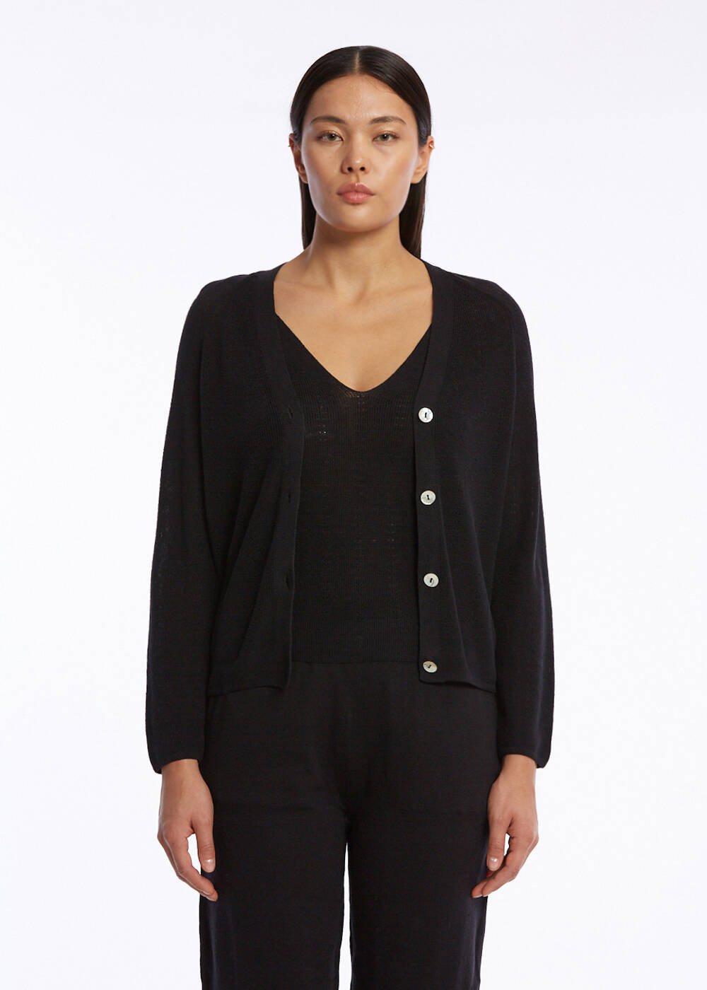 ORGANIC COTTON LINEN BLEND BLACK KNIT CARDIGAN - 1
