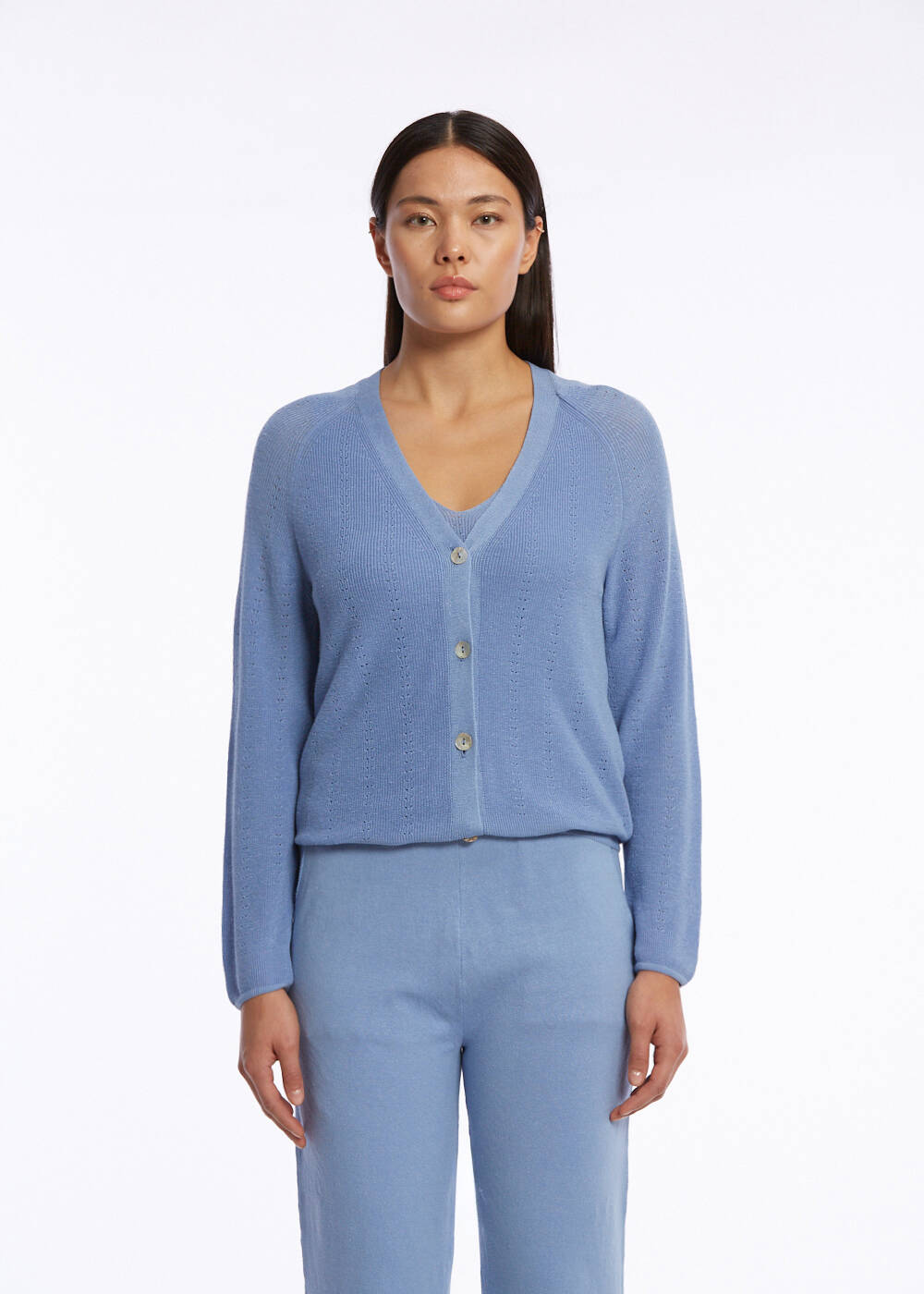 ORGANIC COTTON LINEN BLEND CORNFLOWER KNIT CARDIGAN - 1