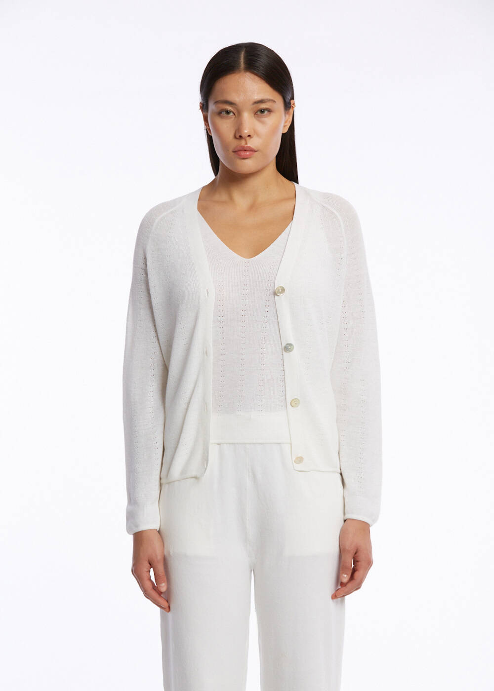 ORGANIC COTTON LINEN BLEND WHITE KNIT CARDIGAN - 1