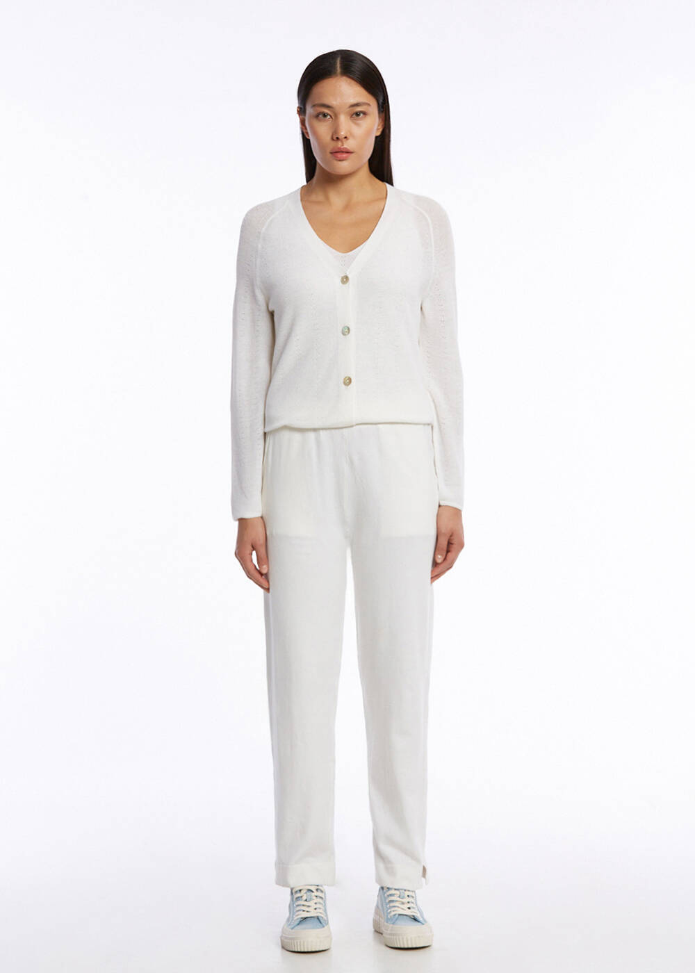 ORGANIC COTTON LINEN BLEND WHITE KNIT CARDIGAN - 2