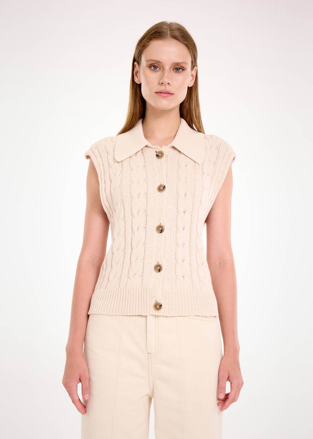ORGANIC PAMUK JEWEL BUTTONS CREAM KNIT TOP - 1