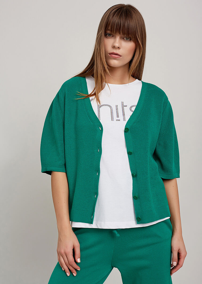 Organik Pamuk Düğmeli Kısa Kol Yeşil Triko Hırka · 5