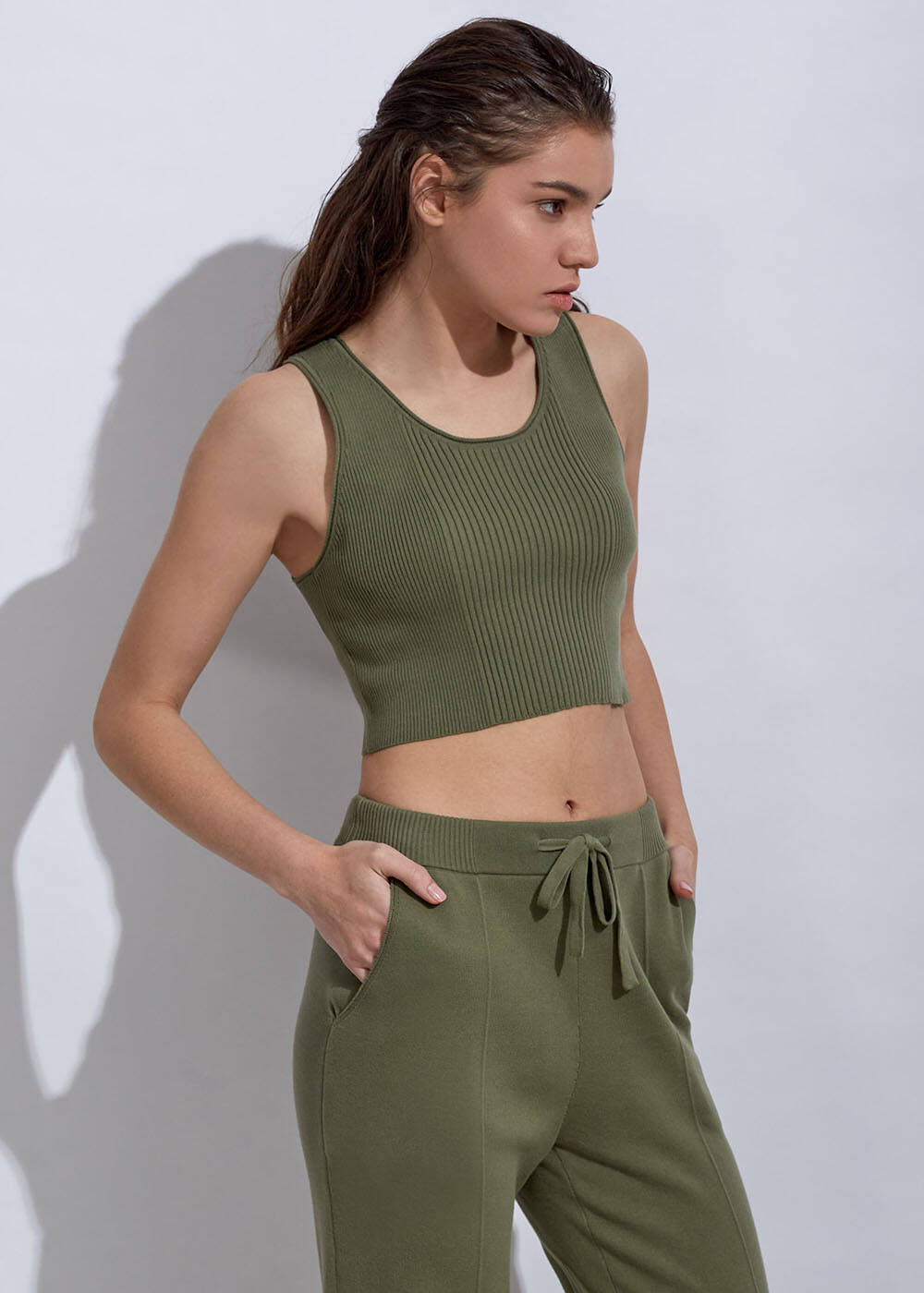 Organik Pamuk Haki Crop Triko Üst - 2
