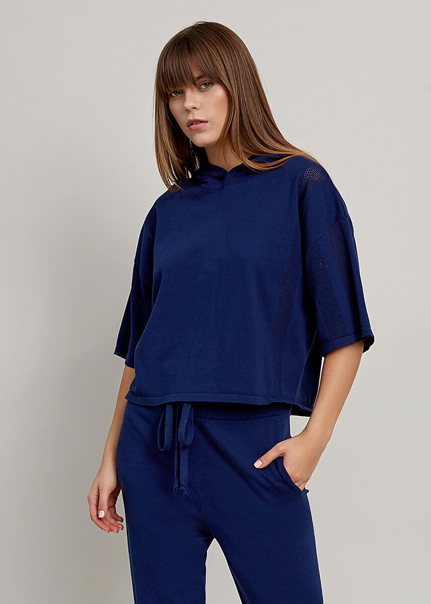 Organik Pamuk Kapüşonlu Crop Lacivert Triko Üst · 5