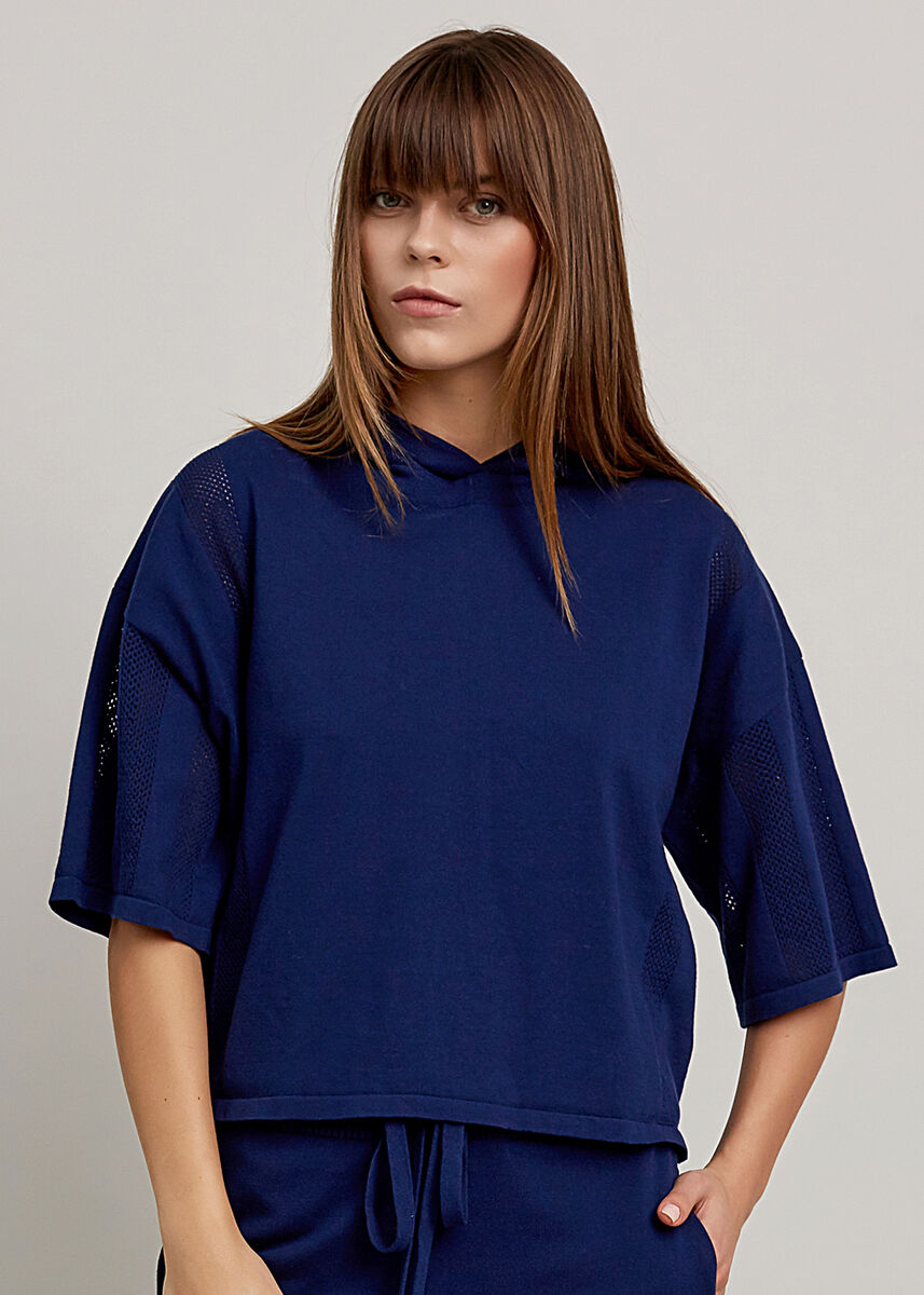 Organik Pamuk Kapüşonlu Crop Lacivert Triko Üst · 6