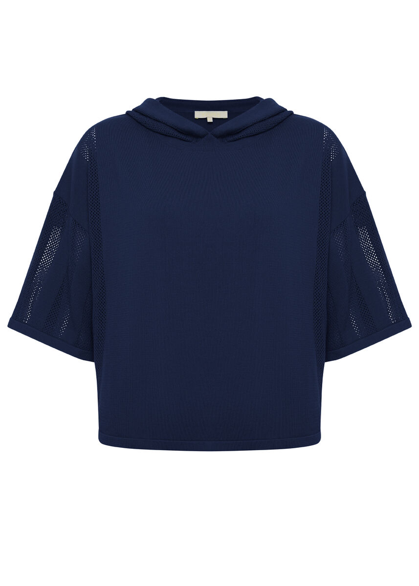 Organik Pamuk Kapüşonlu Crop Lacivert Triko Üst · 8