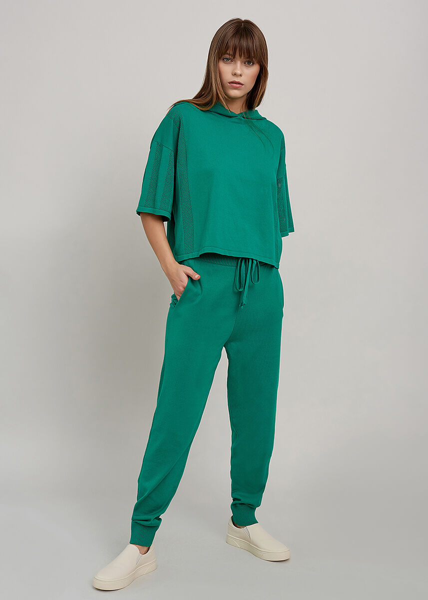Organik Pamuk Kapüşonlu Crop Yeşil Triko Üst · 2