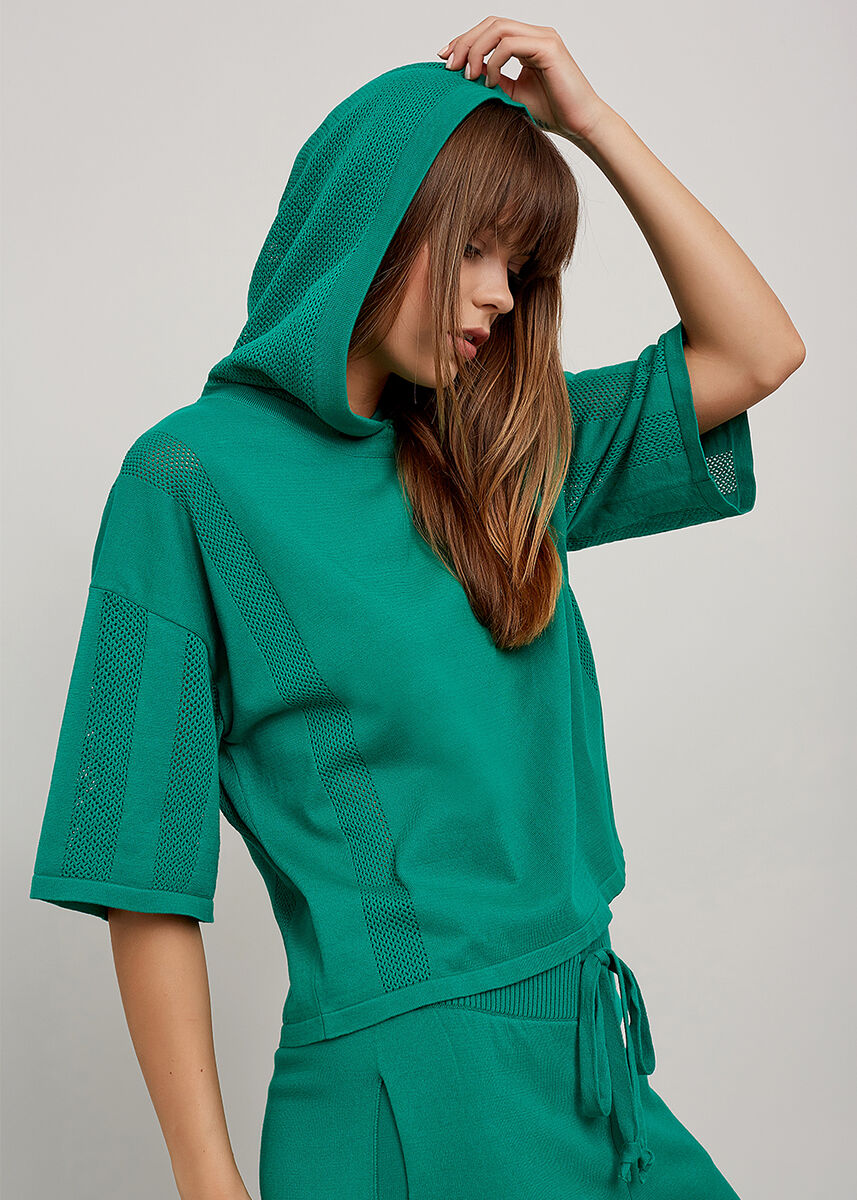 Organik Pamuk Kapüşonlu Crop Yeşil Triko Üst · 4