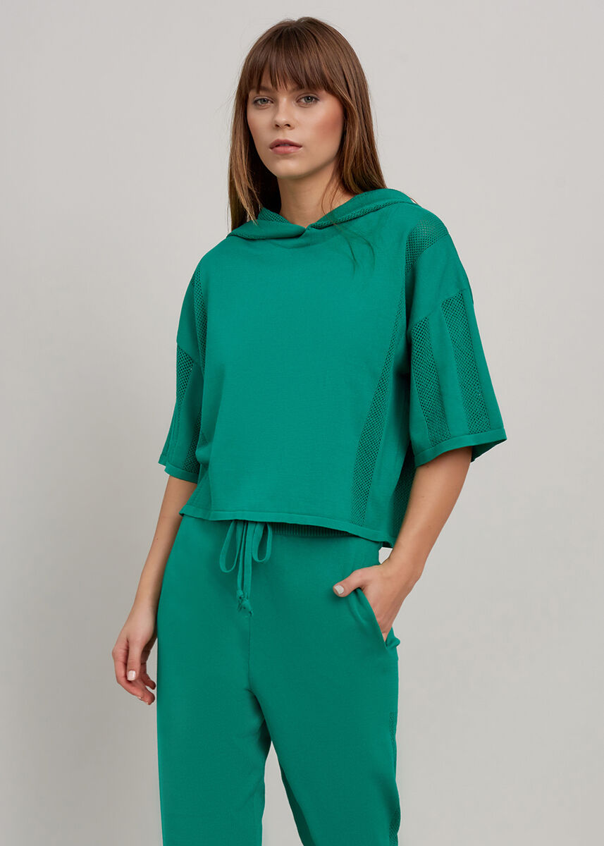 Organik Pamuk Kapüşonlu Crop Yeşil Triko Üst · 7