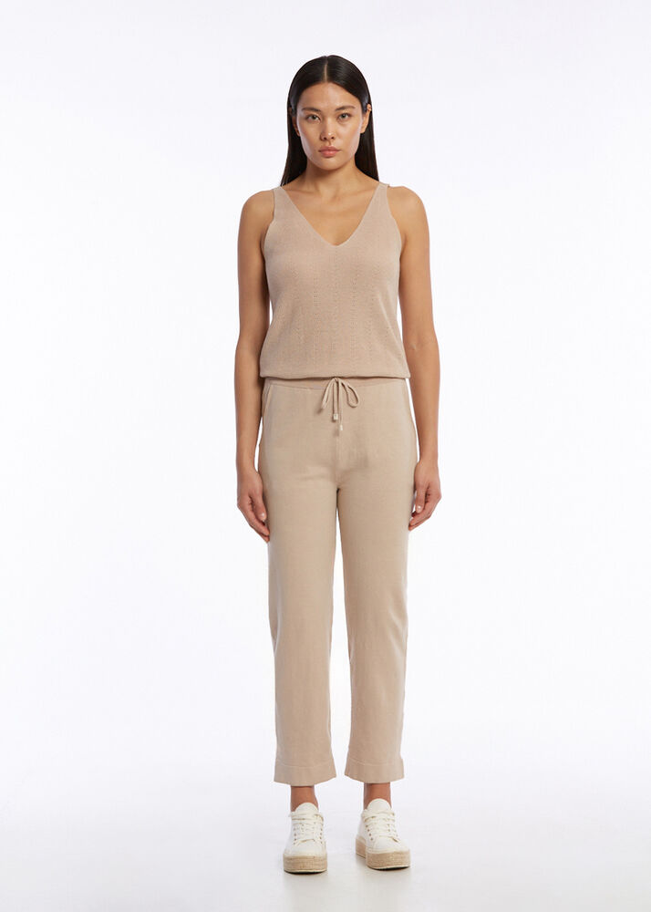Organik Pamuk Keten Karışımlı Triko Pantolon Bej - KNITSS (1)
