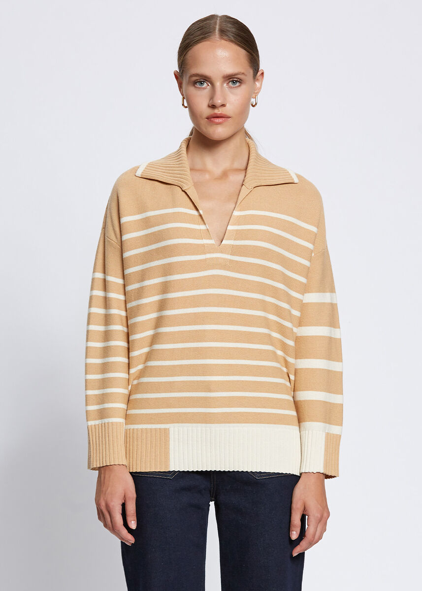 Organik Pamuk Yün Karışımlı Çizgili Camel Triko - KNITSS