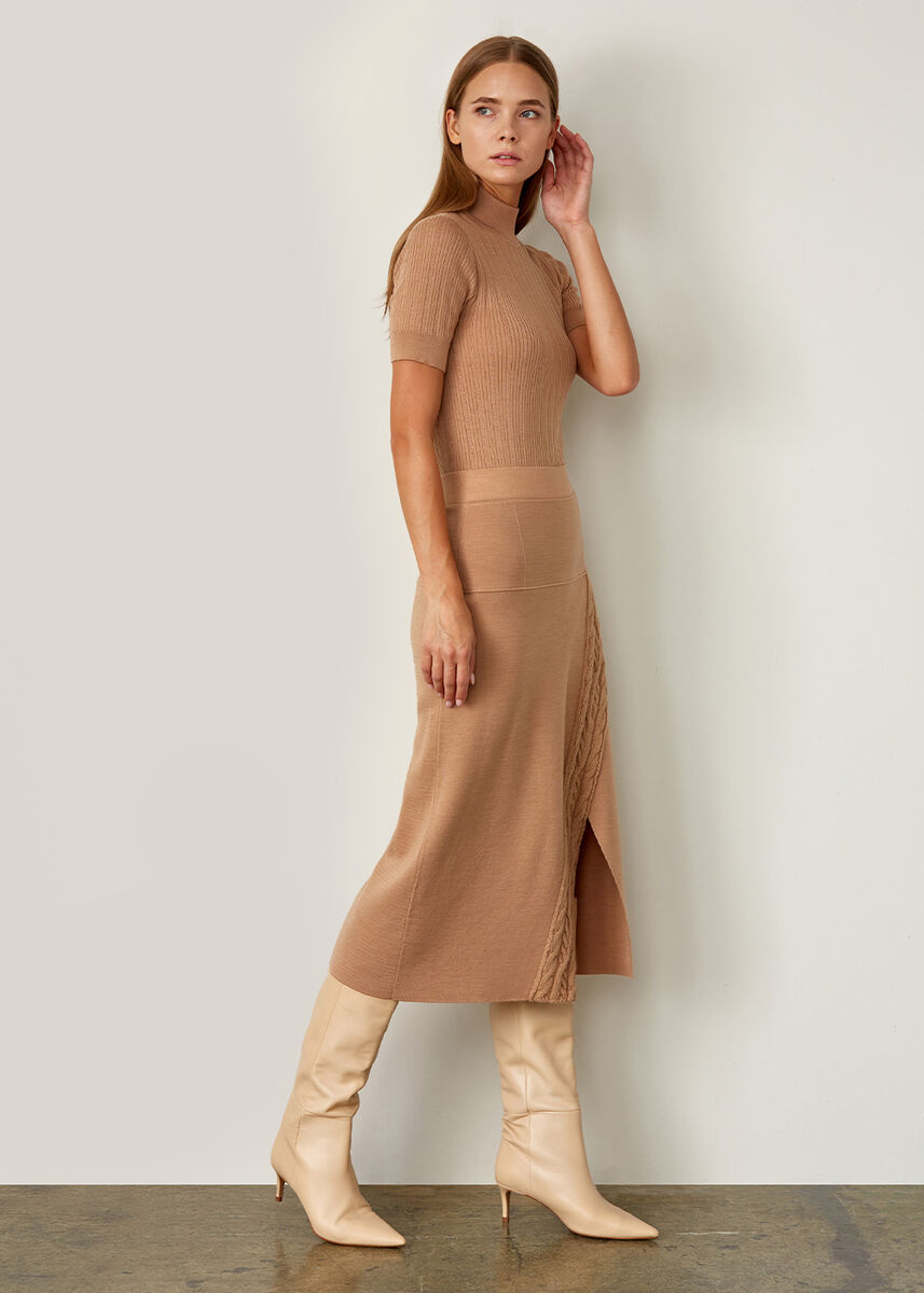 Örgü Detaylı Camel Triko Kalem Etek · 5