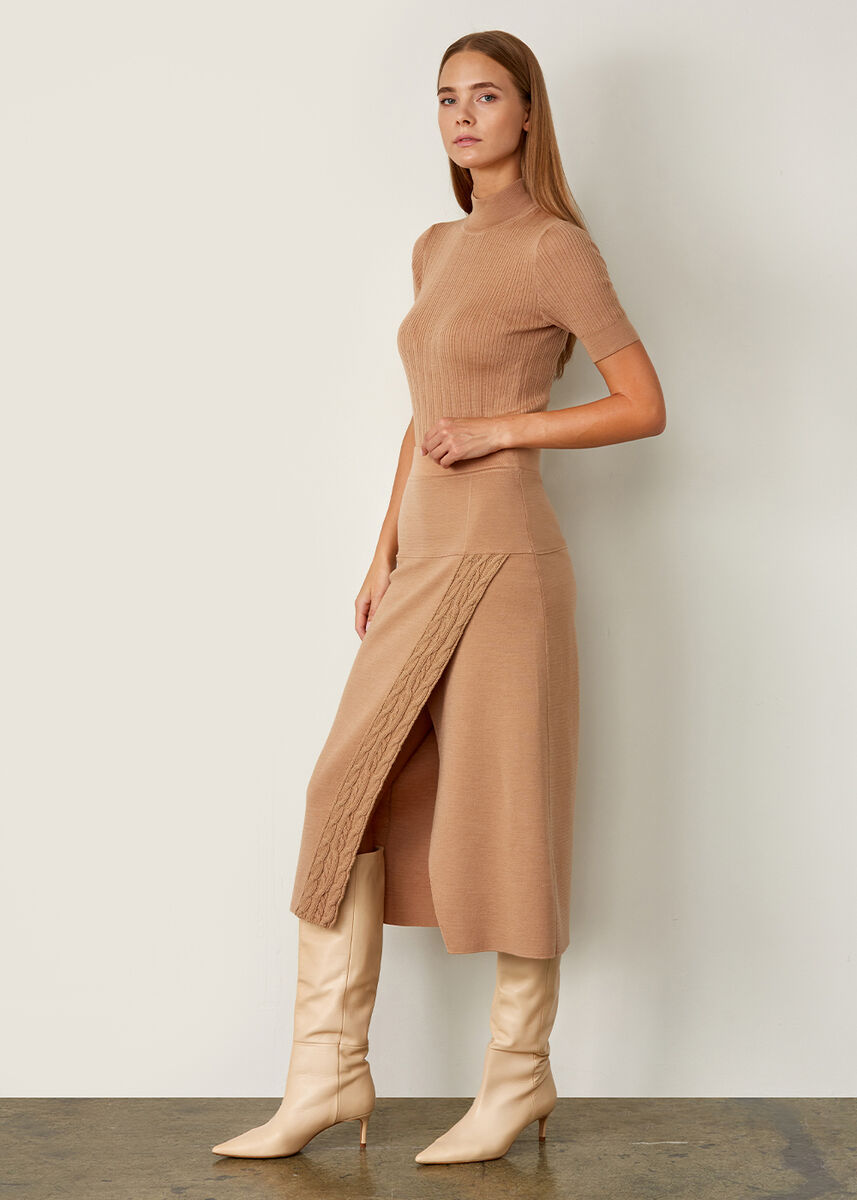 Örgü Detaylı Camel Triko Kalem Etek · 6
