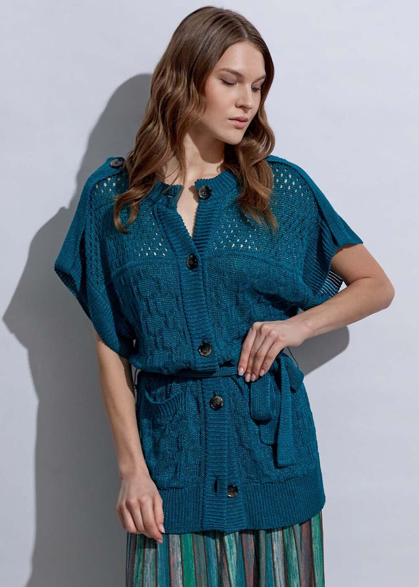 Örgü Detaylı Keten Yeşil Triko Hırka - KNITSS