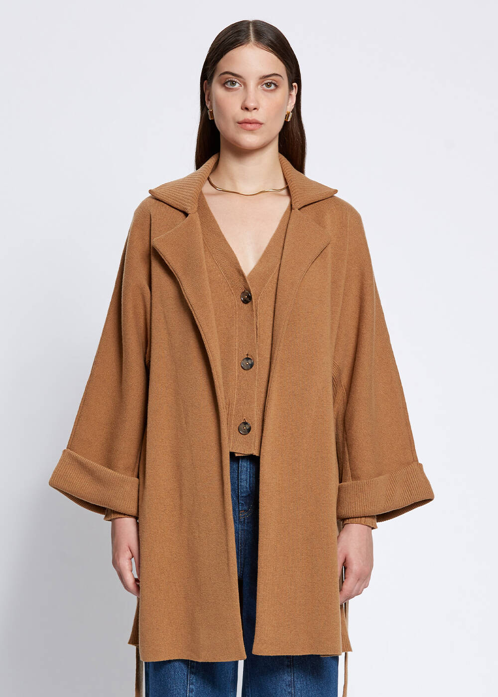 Oversıze Kuşaklı Kaşmir Camel Triko Kaban - 1