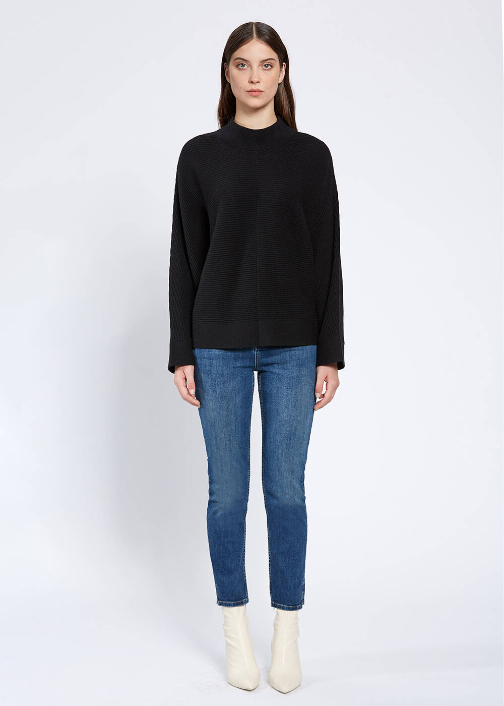Oversize Mock Neck Black Cashmere Knit Sweater - 2
