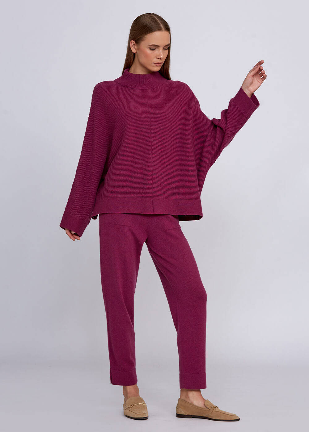 Oversize Mock Neck Pink Cashmere Knit Sweater - 2