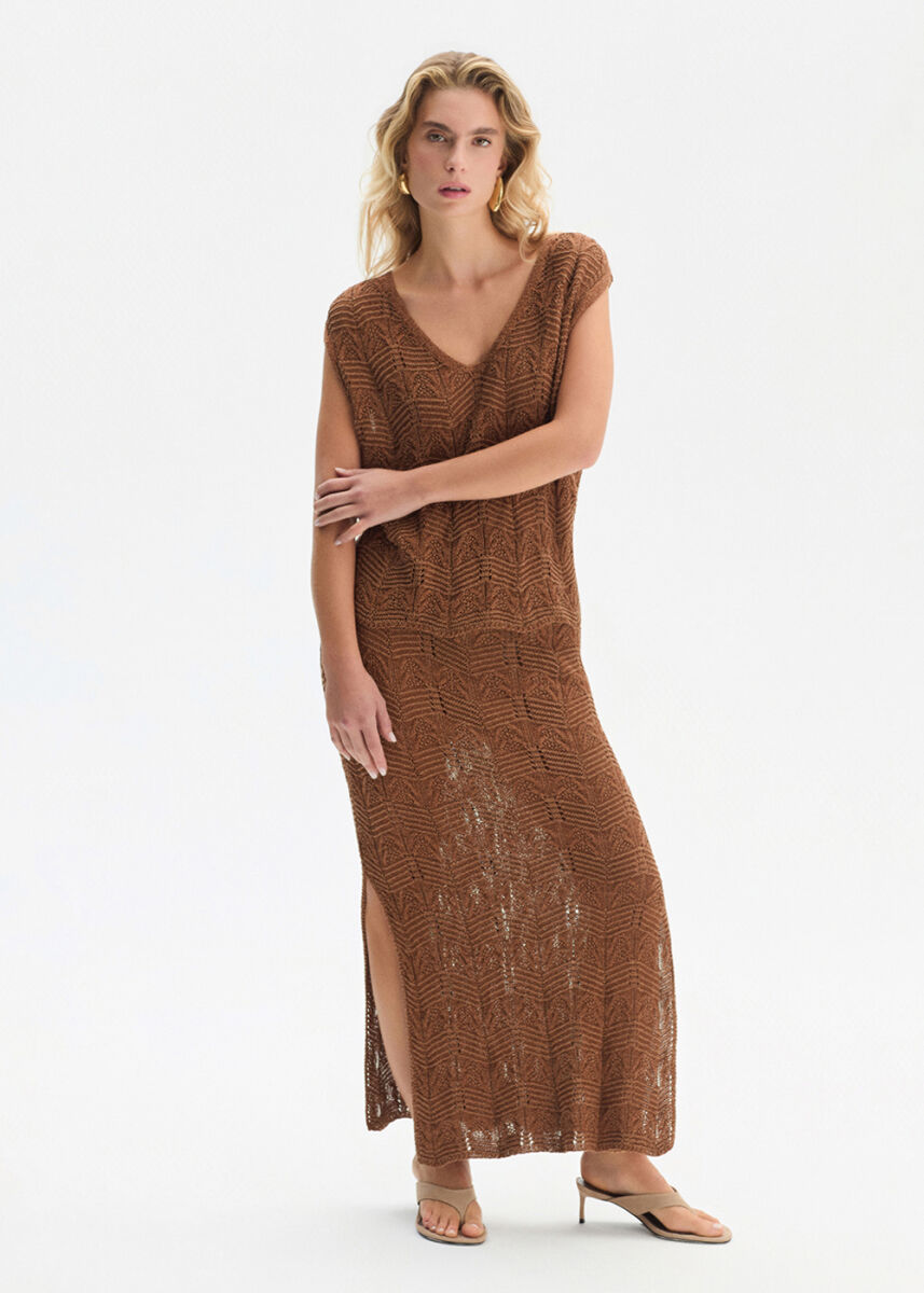 Özel Örgü Detaylı Bronz Triko Etek - KNITSS