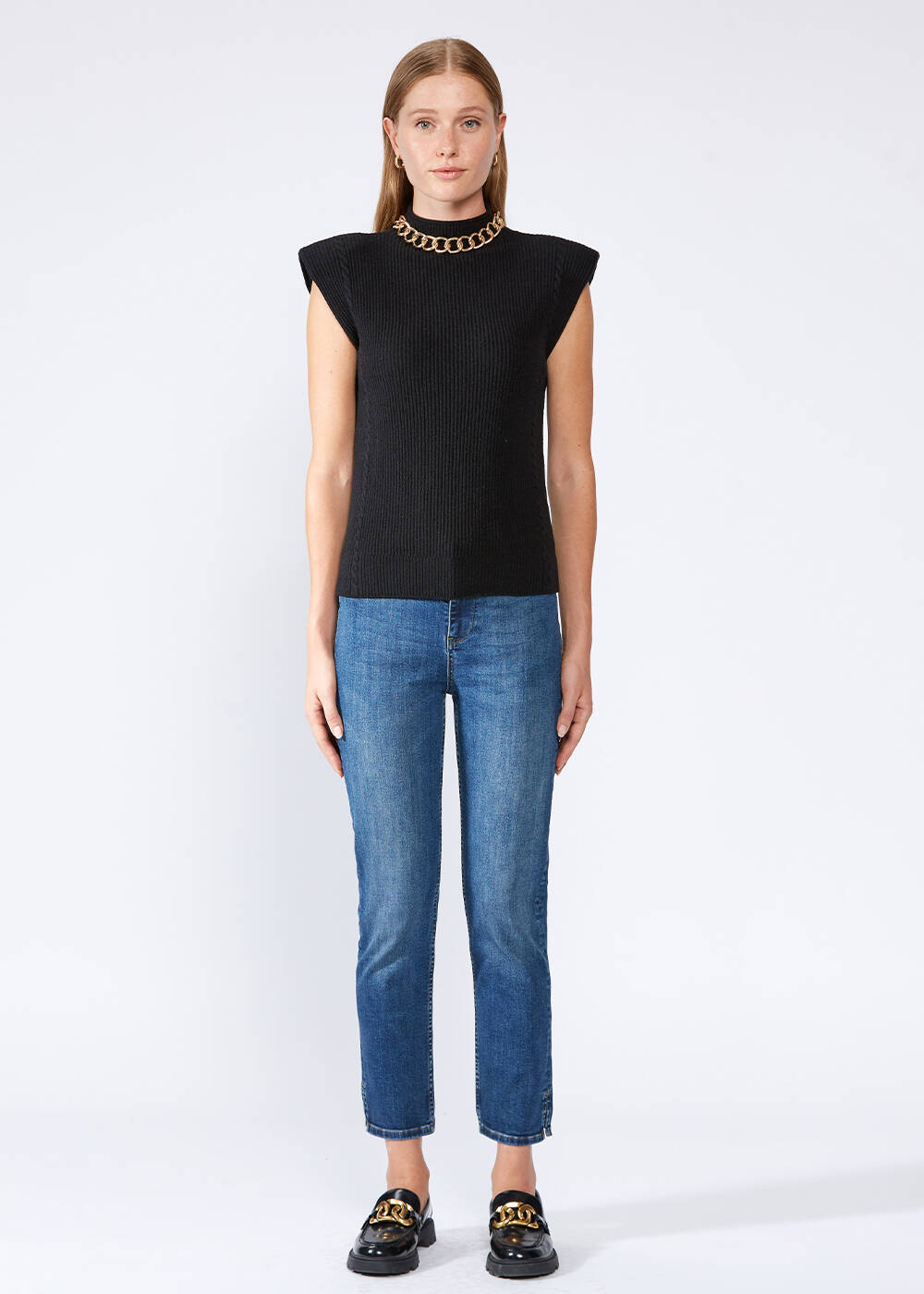 Padded Shoulders Mock Neck Cashmere Black Top - 2