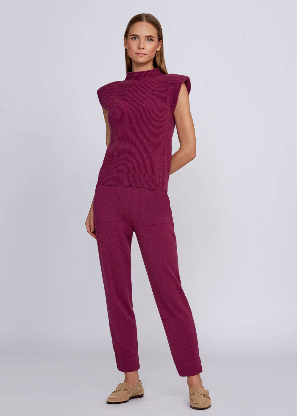 Padded Shoulders Mock Neck Cashmere Pink Knit Top - 2