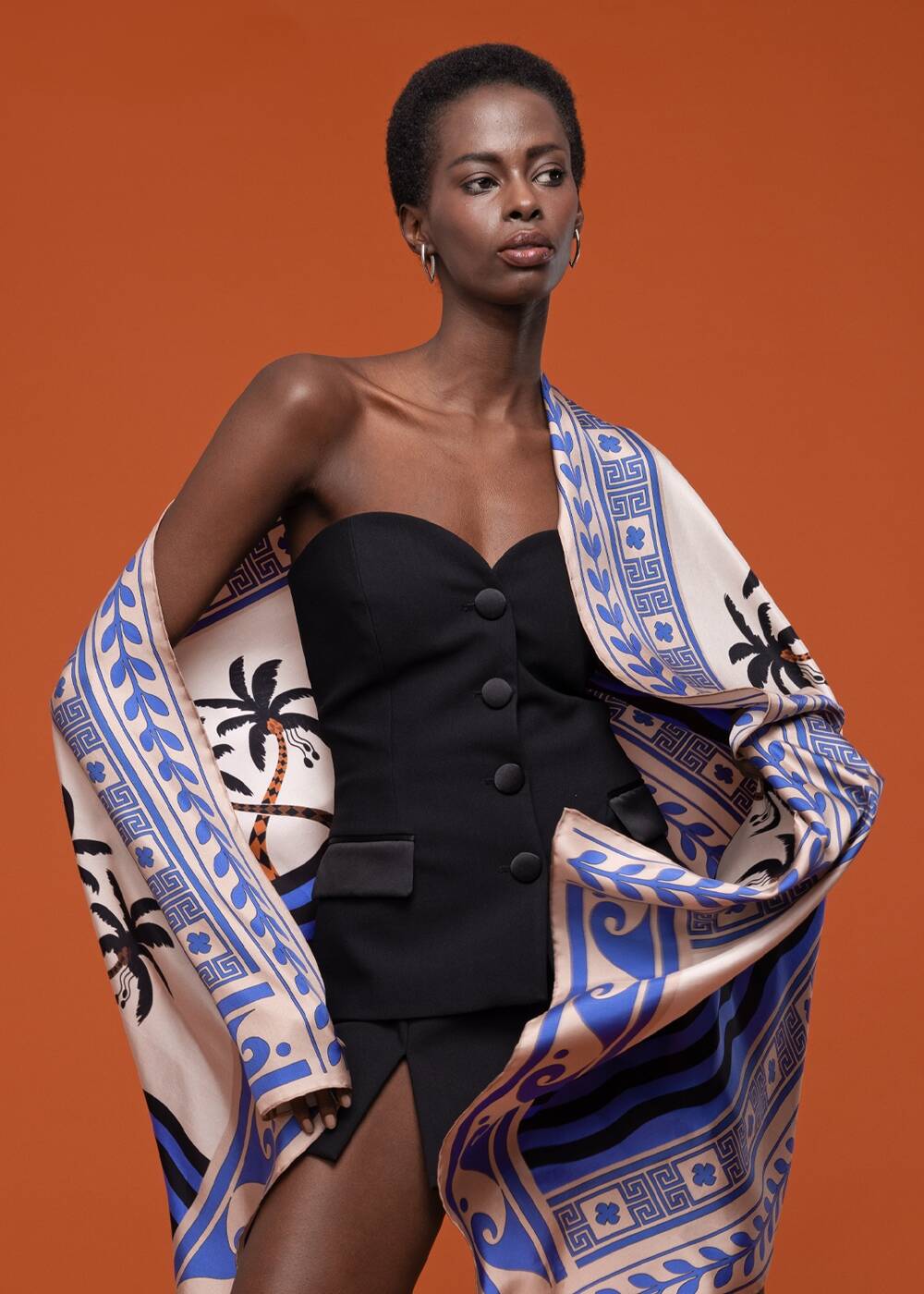 PALM PATTERN PHERAHS LOGOED PURE SILK SCARF - 1