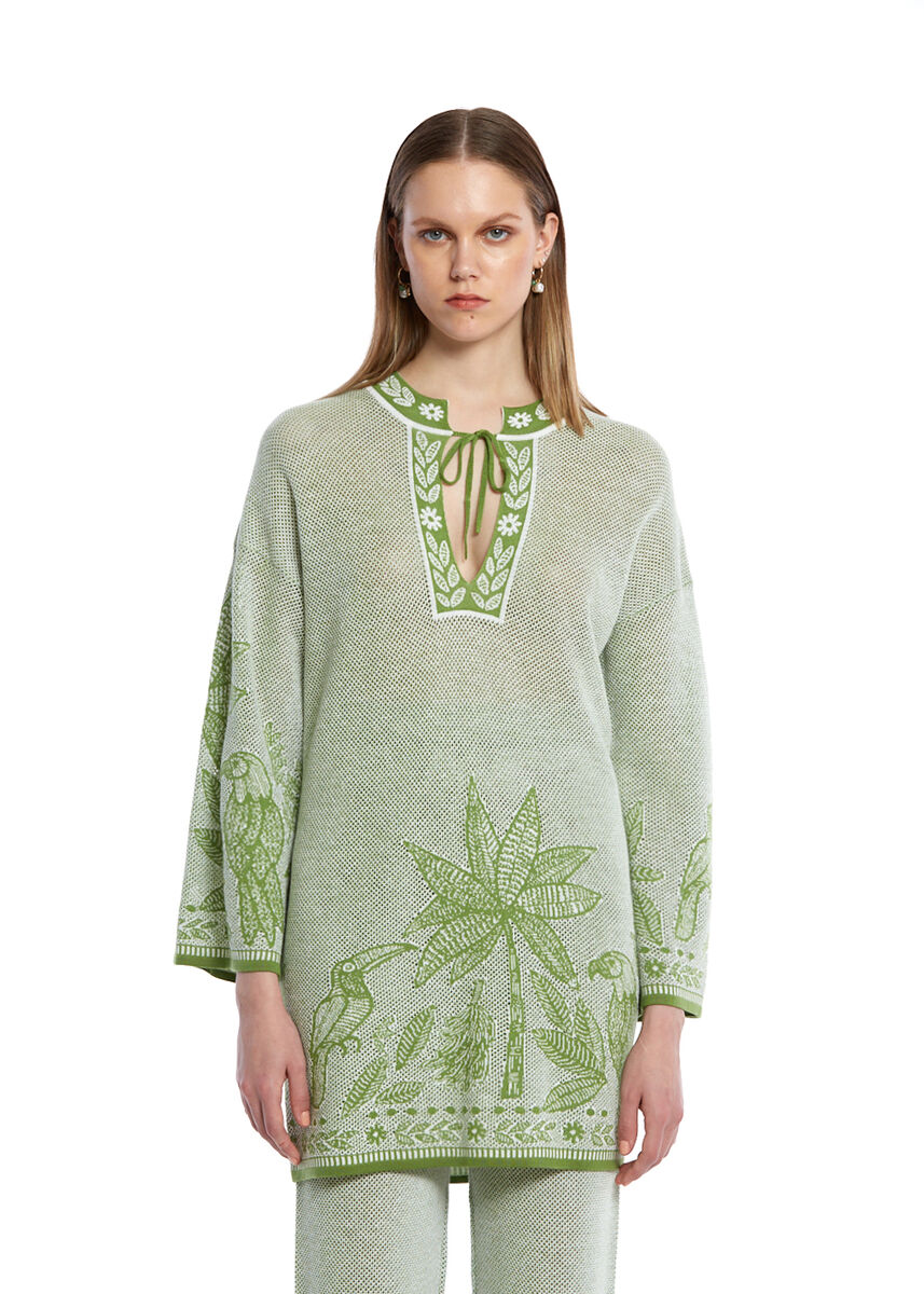 PALM TREE AND PARROT PATTERNED KNIT TUNIC - KNITSS