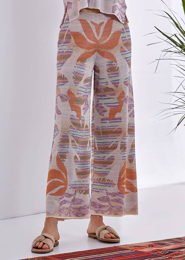Çiçek Desenli Pembe Trıko Pantolon - 1