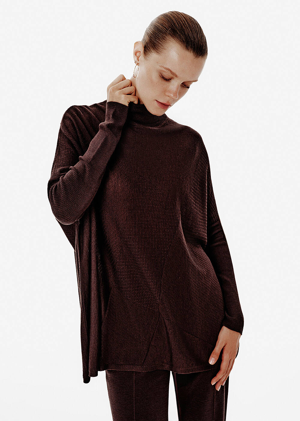 Patchwork-Pattern Batwing Sleeve Brown Knit Tunic - 1